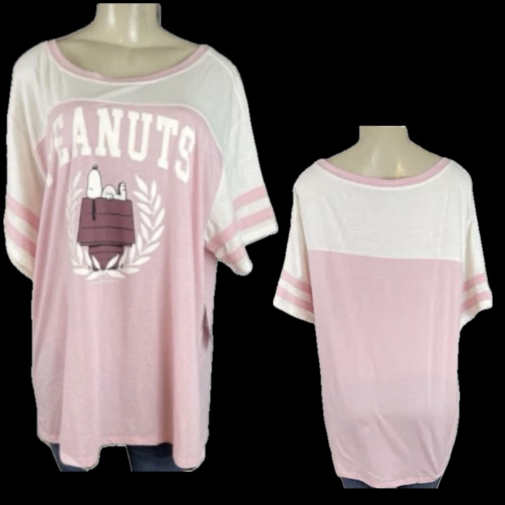 The Vinyl Icons Snoopy Peanuts Varsity Crew Half Sleeve T-Shirt Pink White 2X